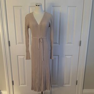 DISSH Beige Neutral Long Sleeve Knit Ribbed V-Neck Tie-waist Midi Dress Size L